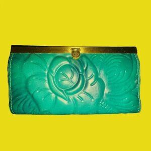 Patricia Nash Hand-Tooled Green Wallet with Brass Hardware Cinnamon Interior EUC